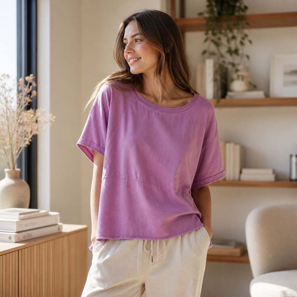 Easel Los Angeles Mineral Washed Oversized Raw Hem Top Medium Purple ET23245
